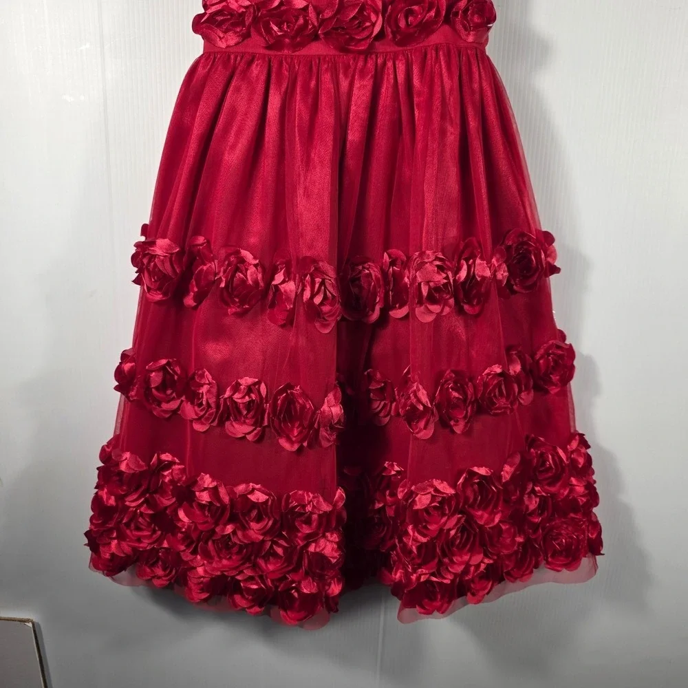 Bonnie Jean Girls Red Rosette Tiered Tulle Formal Party Dress Size 12 X44164-DV